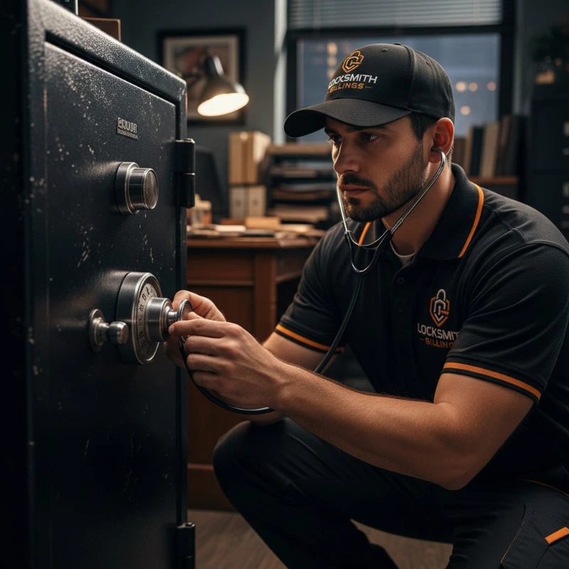Locksmith technician opening a safe with a stethoscope in Billings MT