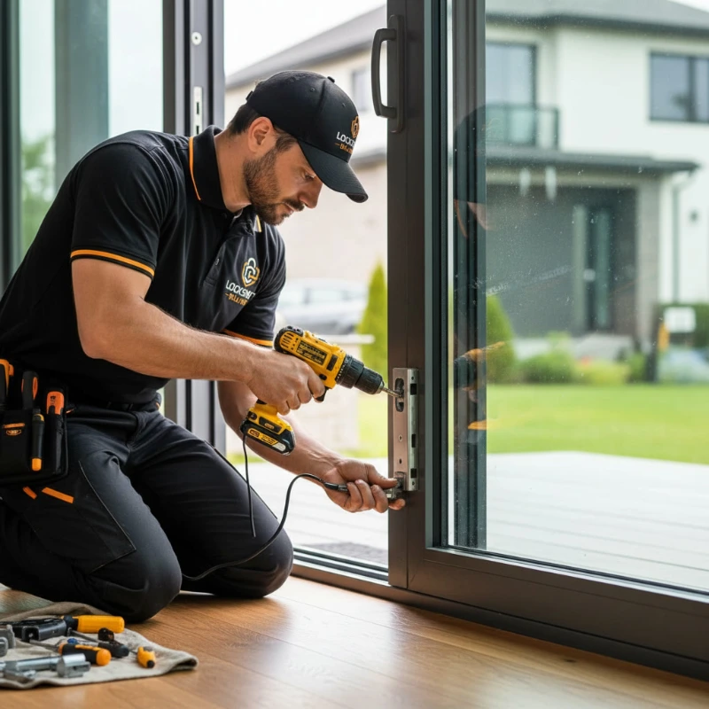 Locksmith installing hardware on a sliding patio door in the West End neighborhood of Billings MT