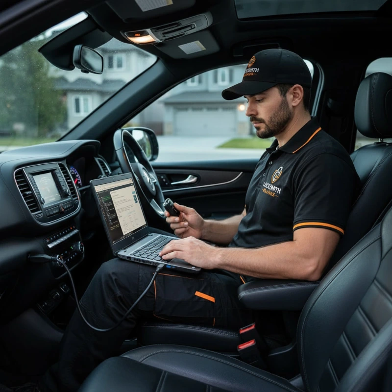 Locksmith accessing a car door lock mechanism, representing an automotive key job in Billings MT