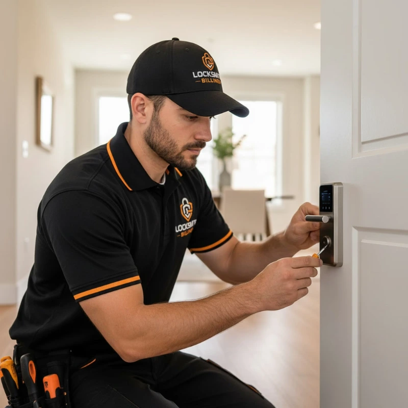 Smart lock keypad installation on a home in the Billings Heights neighborhood