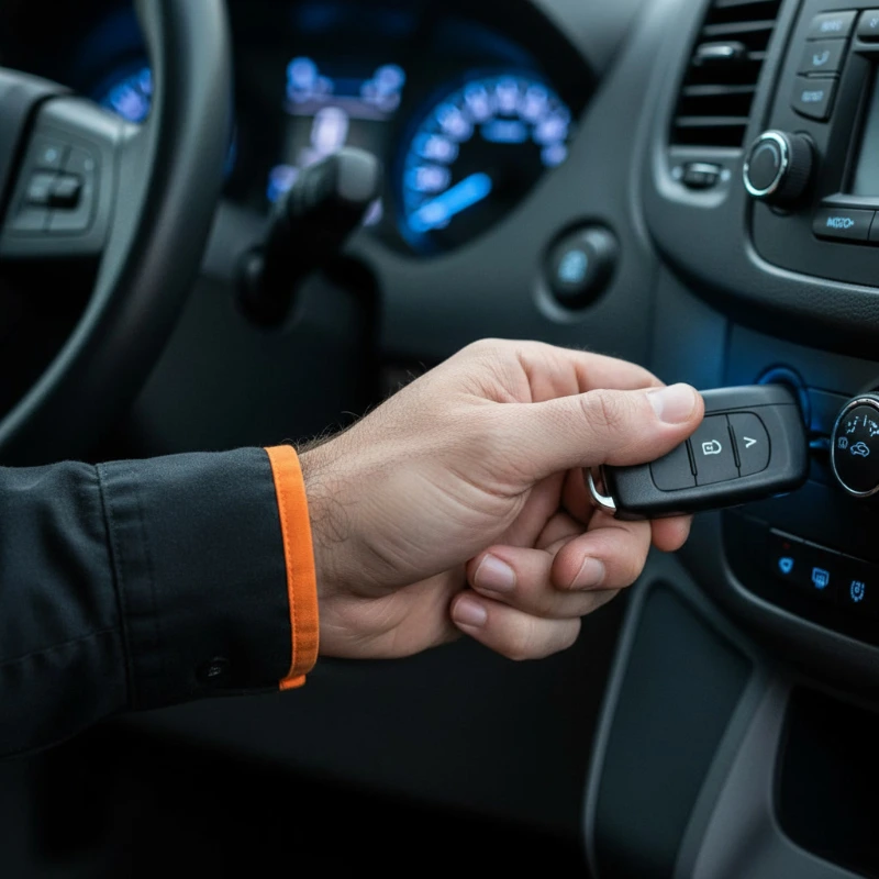 Hand holding a car key fob near the ignition, representing automotive locksmith pricing in Billings MT