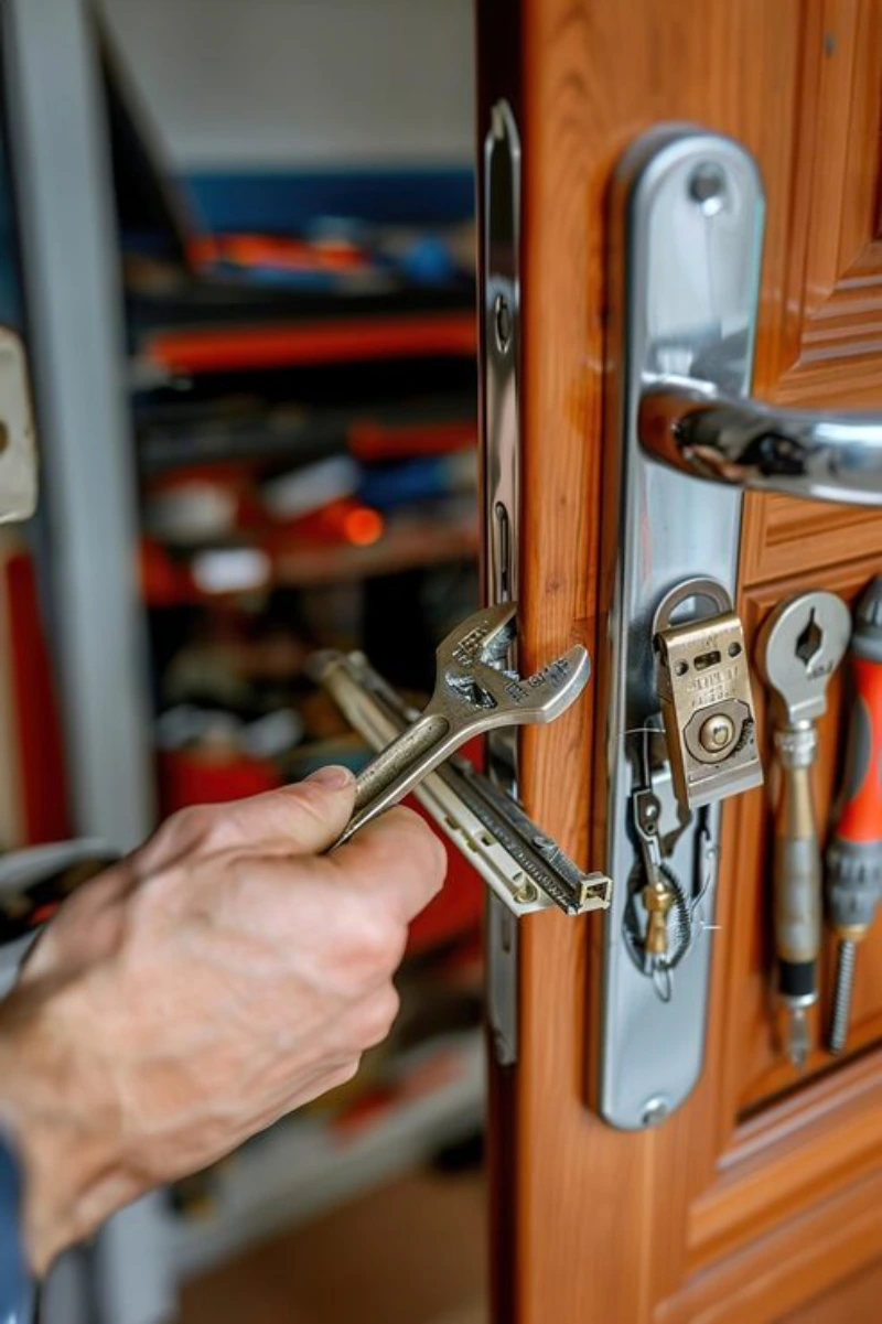 Locksmith repairing a door lock mechanism in the Lockwood neighborhood of Billings MT