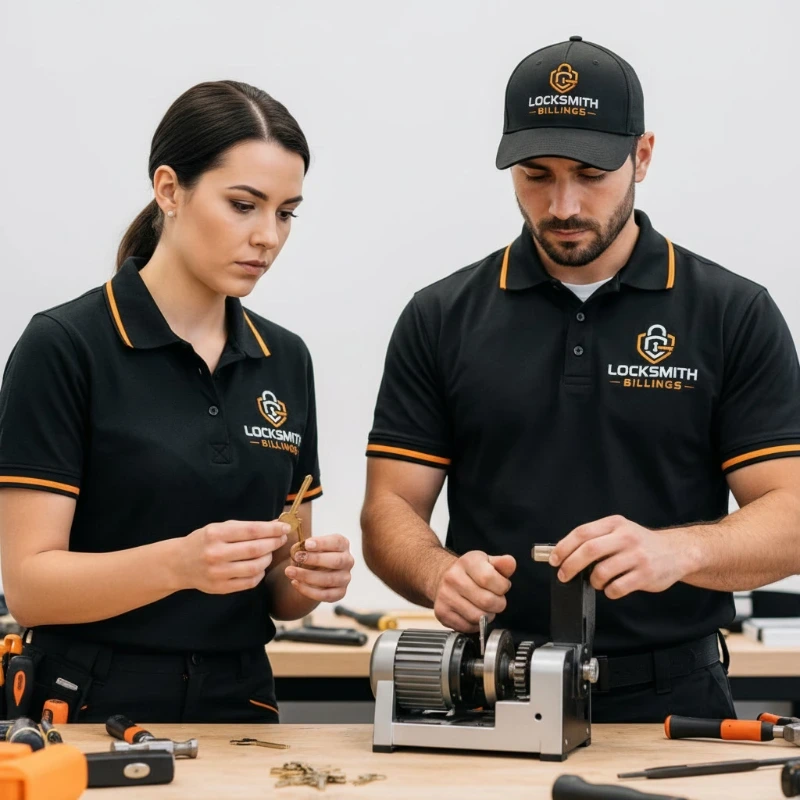 Two Billings Locksmith Services technicians reviewing a key cutting job