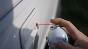 Applying lubricant to a car door lock during a cold Billings MT winter